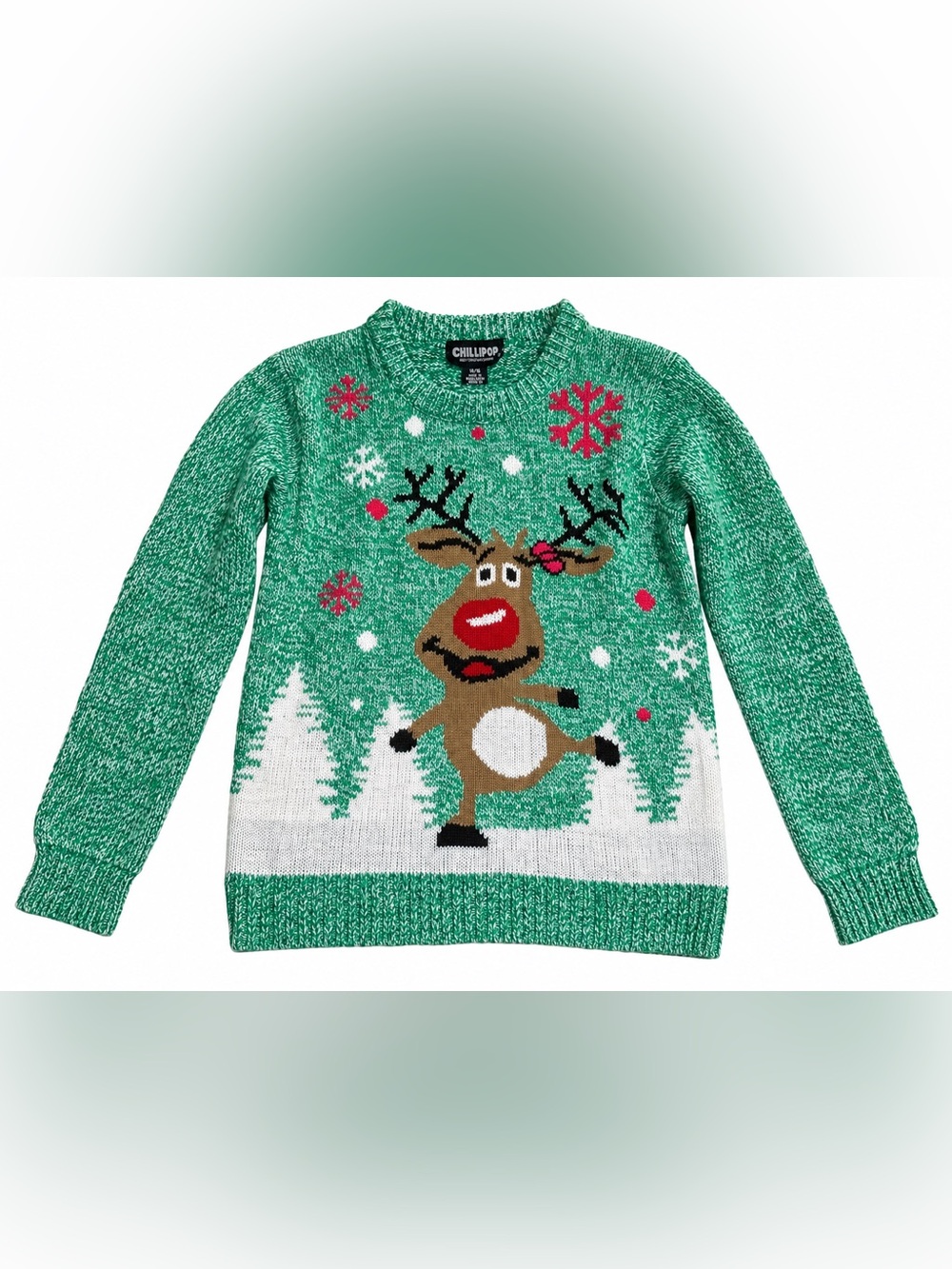 Chillipop Girls Green Reindeer Christmas Sweater Size 14/16